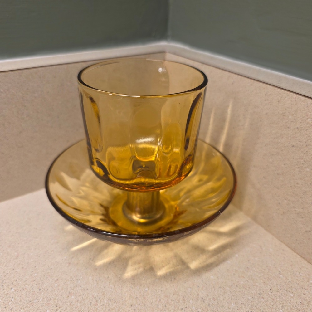 Vintage Votive Candle Holder 4" Amber Glass, Pink Floral Ring